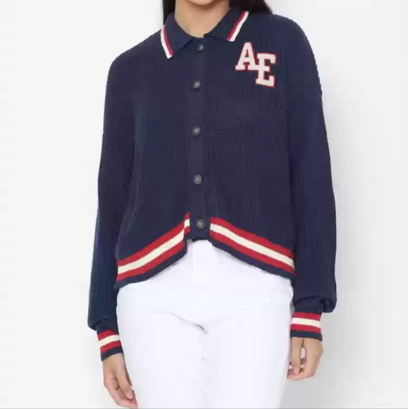 American Eagle Varsity Cardigan Sweater XL Blue White Striped Collared Preppy - Picture 4 of 13